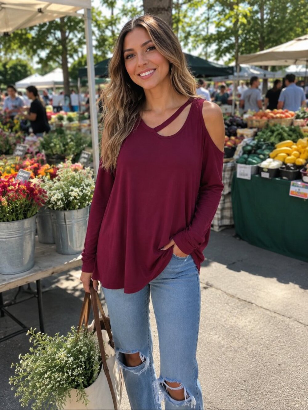 143 Story Top Medium Cold Shoulder Long Sleeve Deconstructed Neckline Wine Red